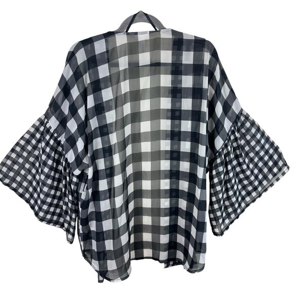 LC Lauren Conrad Black White Checkered Gingham Bell Sleeve Open Sheer Blouse OS - Picture 4 of 8